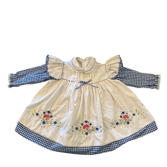 Vintage 70s red white blue & green Floral Embroidered Gingham Baby Dress - Picture 8 of 10